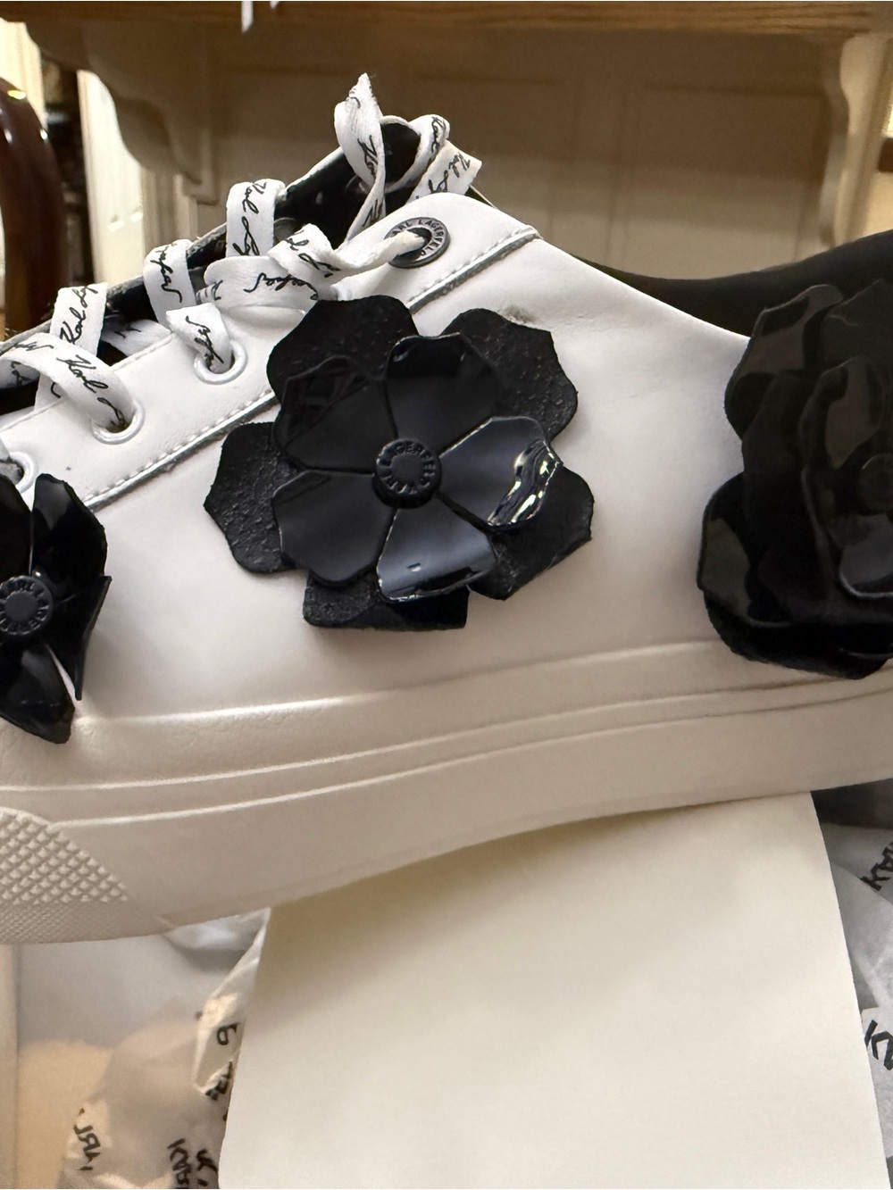 Karl Lagerfeld White Platform Sneakers with Black Floral Appliqués